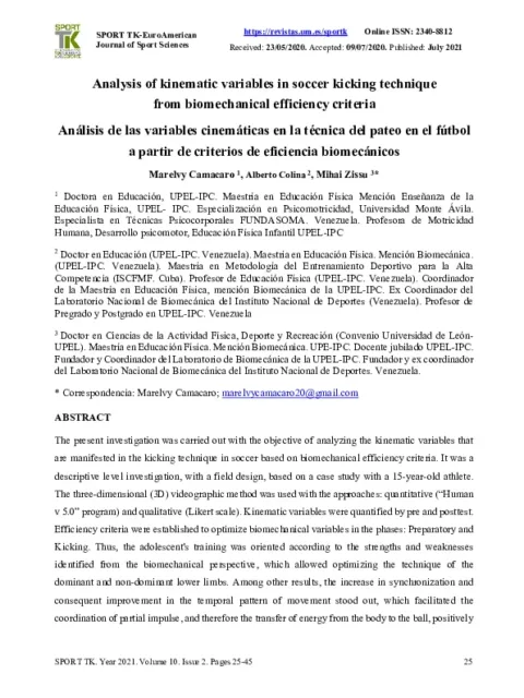 Análisis de las variables cinemáticas en la técnica del pateo en el fútbol a partir de criterios de eficiencia biomecánicos