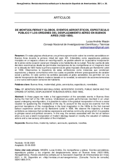 De montgolfieras y globos. Eventos aerostáticos, espectáculo público y los orígenes del desplazamiento aéreo en Buenos Aires (1822-1856)