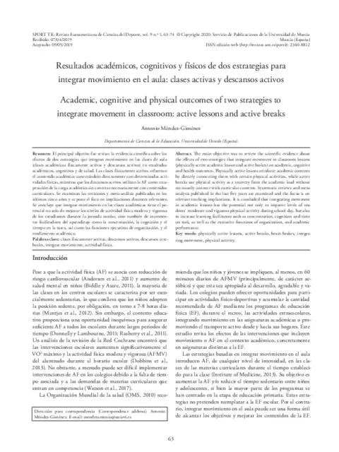 Resultados académicos, cognitivos y físicos de dos estrategias para integrar movimiento en el aula: clases activas y descansos activos