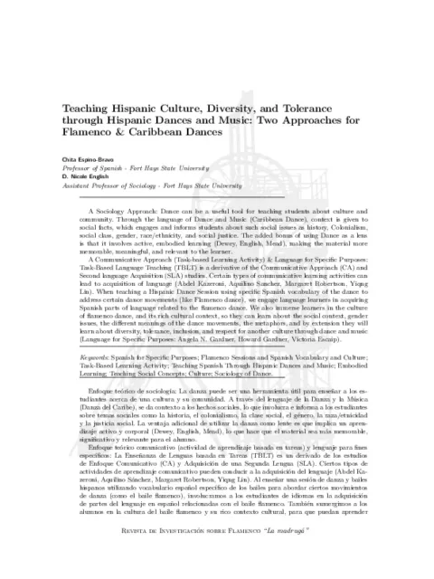 Teaching hispanic culture, diversity, and tolerance through hispanic dances and music: two approaches for flamenco & caribbean dances