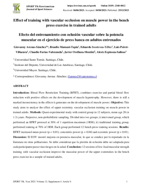 Efecto del entrenamiento con oclusión vascular sobre la potencia muscular en el ejercicio de press banca en adultos entrenados