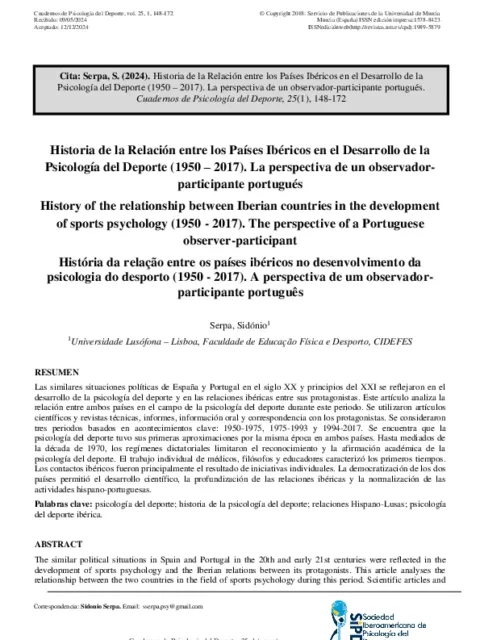Historia de la Relación entre los Países Ibéricos en el Desarrollo de la Psicología del Deporte (1950 –2017). La perspectiva de un observador-participante portugués