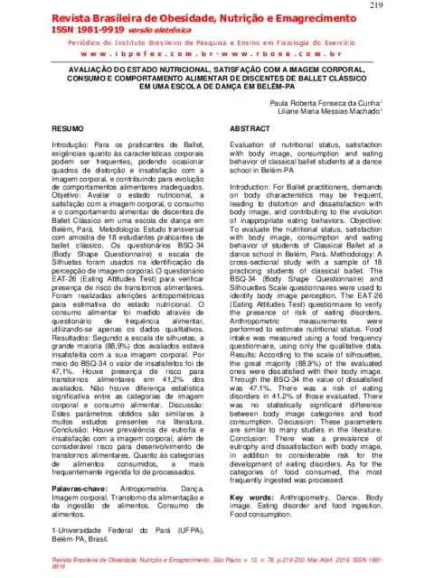 Evaluation of nutritional status, satisfaction with body image, consumption and eating behavior of classical ballet students at a dance school in BelÃ©m-PA