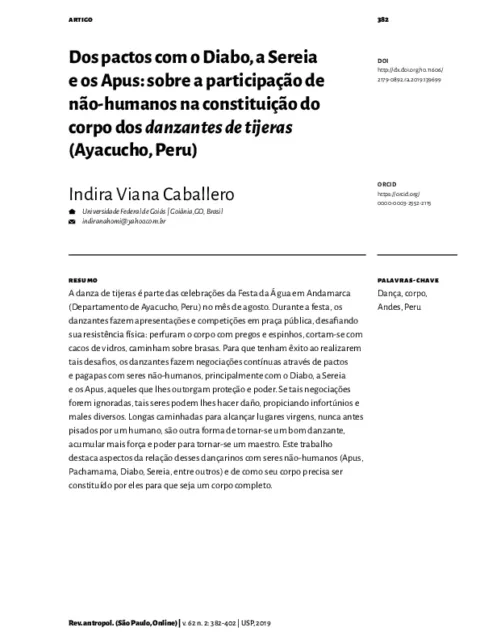 Dos pactos com o Diabo, a Sereia e os Apus: sobre a participação de não-humanos na constituição do corpo dos danzantes de tijeras (Ayacucho, Peru)