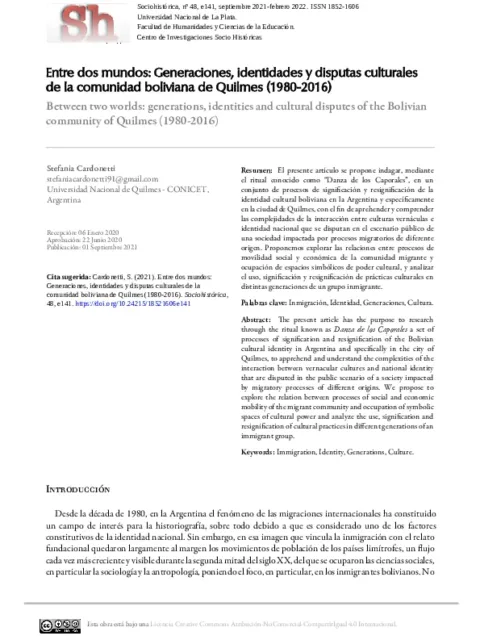 Entre dos mundos: Generaciones, identidades y disputas culturales de la comunidad boliviana de Quilmes (1980-2016)