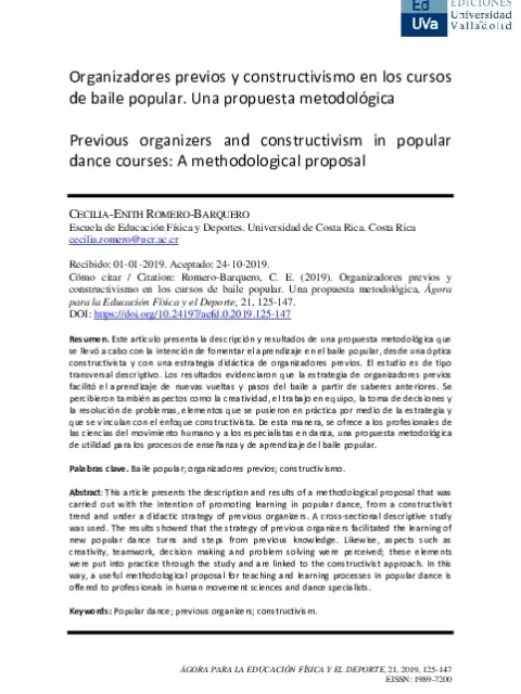 Organizadores previos y constructivismo en los cursos de baile popular. Una propuesta metodológica