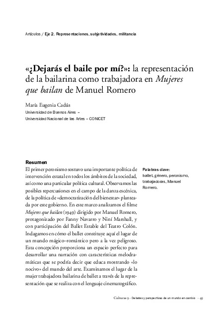 «¿Dejarás el baile por mí?»: la representación de la bailarina como trabajadora en Mujeres que bailan de Manuel Romero