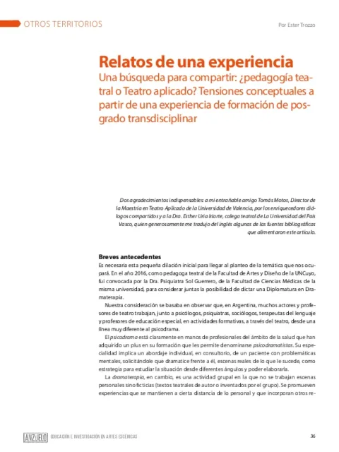 Relatos de una experiencia : Una búsqueda para compartir: ¿pedagogía teatral o teatro aplicado? Tensiones conceptuales a partir de una experiencia de formación de posgrado transdisciplinar