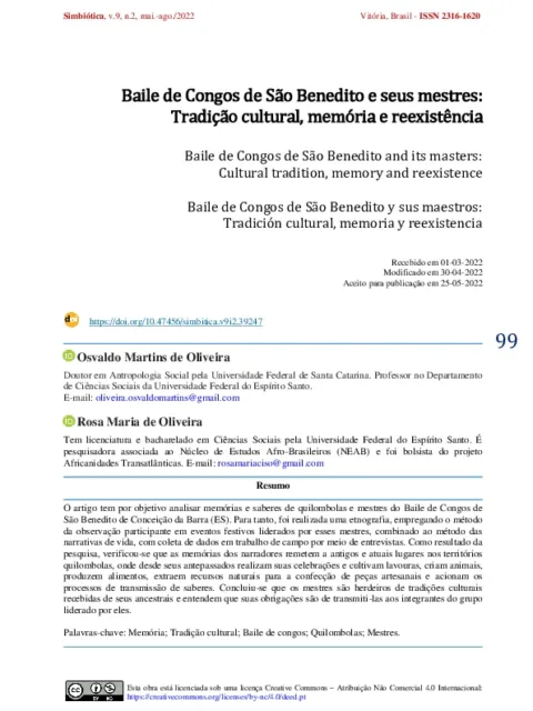 Baile de Congos de São Benedito e seus mestres: Tradição cultural, memória e reexistência