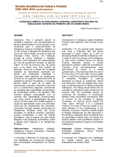 Development of intelligence bodily kinesthetic through mode capoeira in the first year of high school