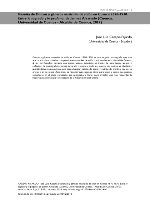 Reseña de danzas y géneros musicales de salón en Cuenca 1870-1930
