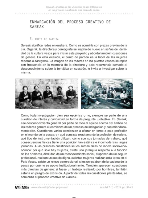 Sareak, análisis de las vivencias de las intérpretes en un proceso creativo de una pieza de danza