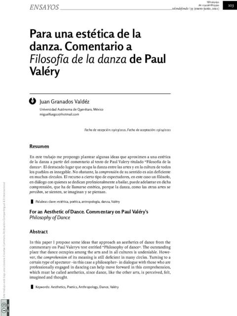 Para una estética de la danza. Comentario a «Filosofía de la danza» de Paul Valéry