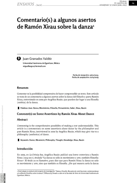 Comentario(s) a algunos asertos de Ramón Xirau sobre la danza
