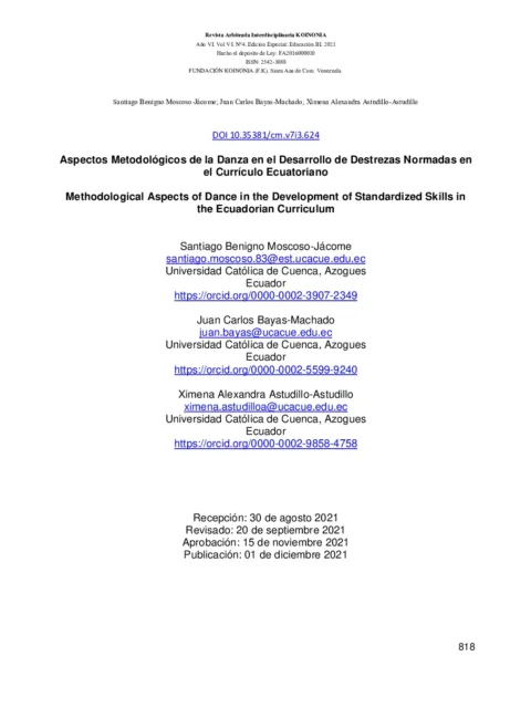 Aspectos Metodológicos de la Danza en el Desarrollo de Destrezas Normadas en el Currículo Ecuatoriano