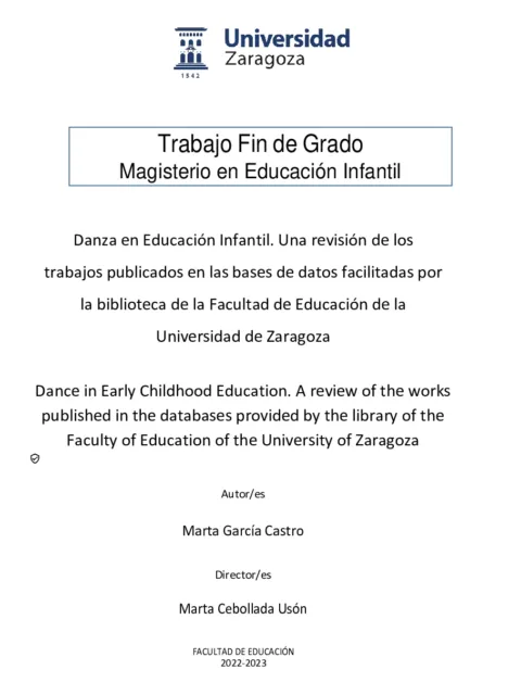 Danza en educación infantil. Una revisión de los trabajos publicados en las bases de datos facilitadas por la biblioteca de la Facultad de Educación de la Universidad de Zaragoza