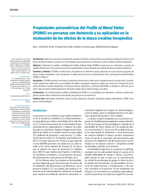 Propiedades psicométricas del Profile of Mood States (POMS) en personas con demencia y su aplicación en la evaluación de los efectos de la danza creativa terapéutica