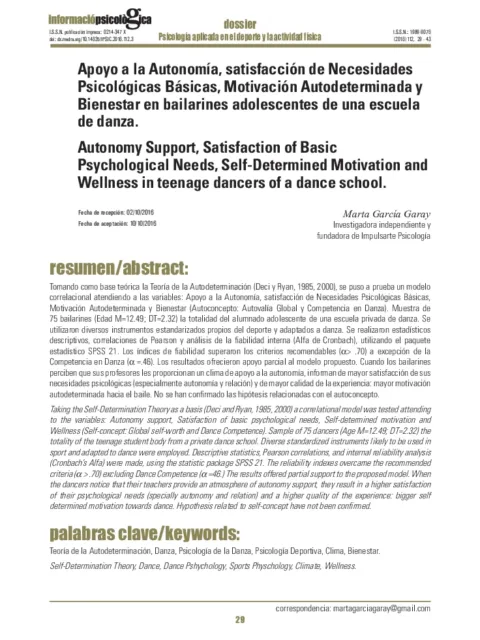 Apoyo a la Autonomía, satisfacción de Necesidades Psicológicas Básicas, Motivación Autodeterminada y Bienestar en bailarines adolescentes de una escuela de danza.
