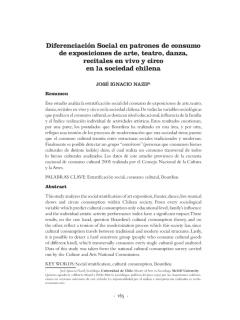 Diferenciación Social en patrones de consumo de exposiciones de arte, teatro, danza, recitales en vivo y circo en la sociedad chilena