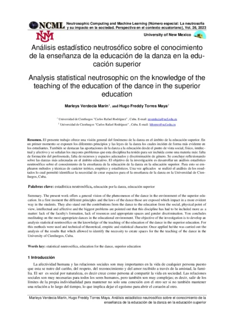 Análisis estadístico neutrosófico sobre el conocimiento de la enseñanza de la educación de la danza en la educación superior