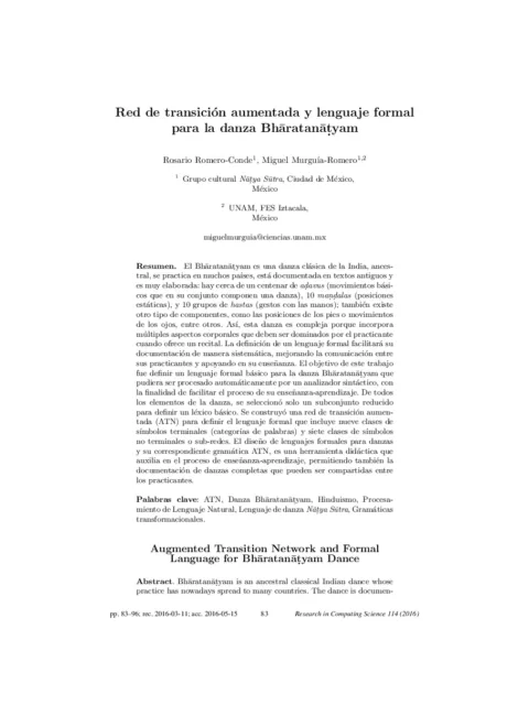 Red de transición aumentada y lenguaje formal para la danza Bhāratānaṭyam