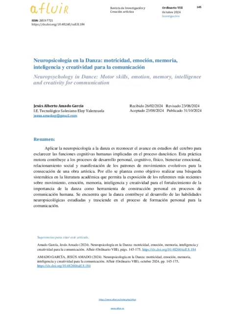Neuropsicología en la Danza motricidad, emoción, memoria, inteligencia y creatividad para la comunicación