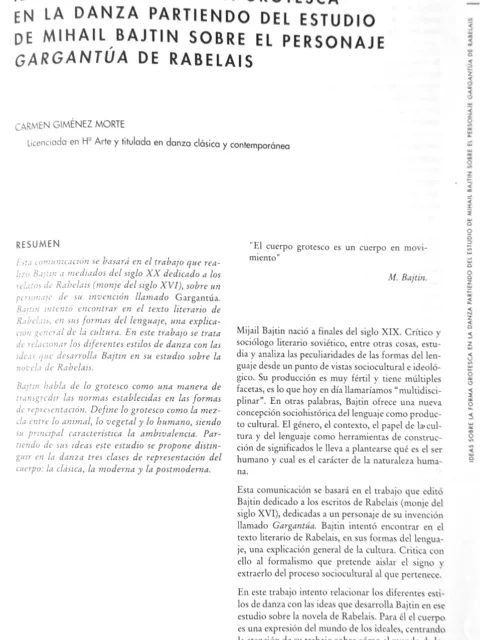 Ideas sobre la forma grotesca en la danza partiendo del estudio de Mihail Bajtin sobre el personaje Gargantúa de Rabelais