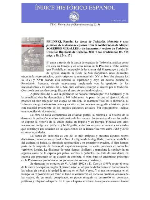 PELINSKI, Ramón. «La danza de Todolella. Memoria y usos políticos de la danza de espadas».
