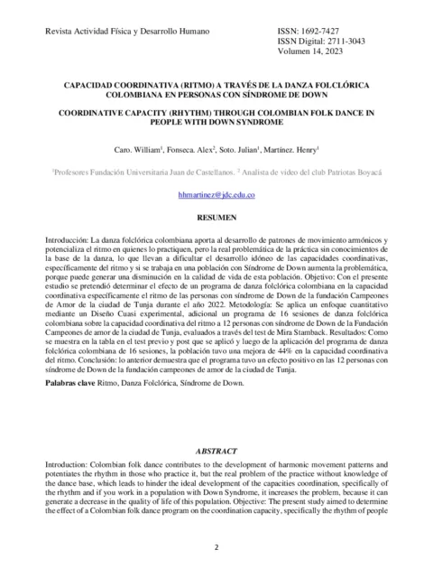 CAPACIDAD COORDINATIVA (RITMO) A TRAVÉS DE LA DANZA FOLCLÓRICA COLOMBIANA EN PERSONAS CON SÍNDROME DE DOWN