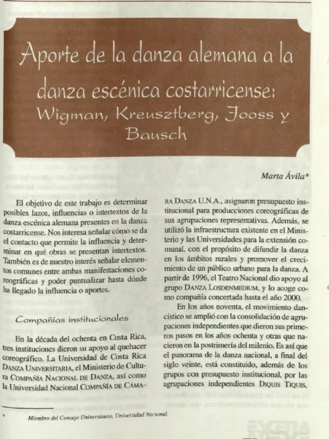 Aportes de la danza alemana a la danza escénic costarricense: Wigman, Kreutzsberg, Jooss, Bausch