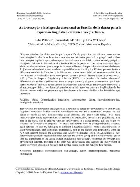 Autoconcepto e inteligencia emocional en función de la danza para la expresión lingüístico comunicativa y artística