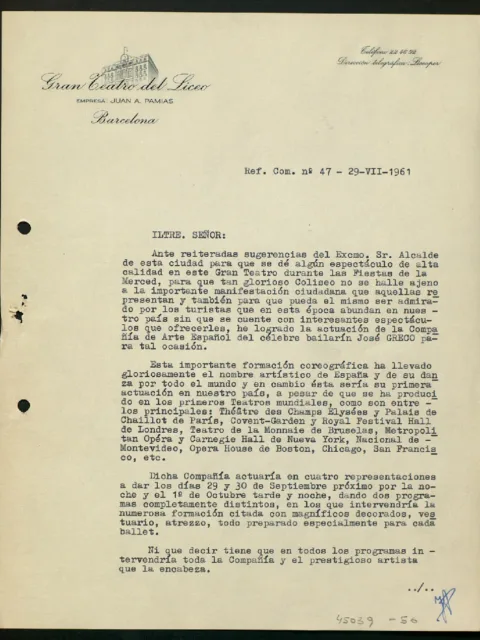 Documentación sobre la actuación de la Compañía de Danza José Greco en el Liceo como complemento de las Fiestas de la Merced de 1961