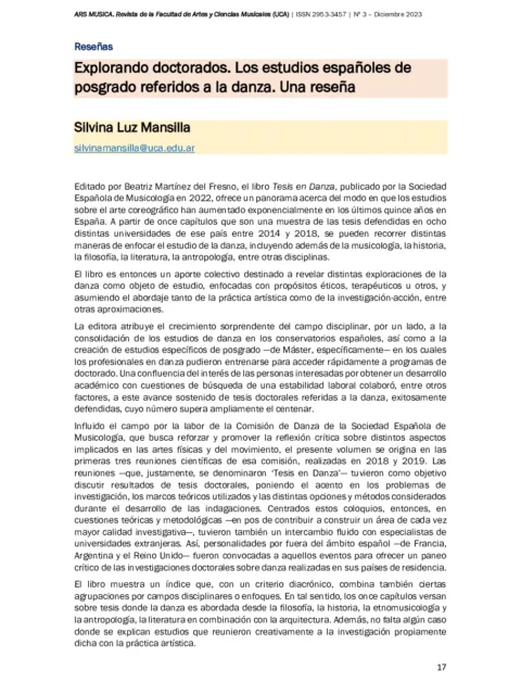 Explorando doctorados. Los estudios españoles de posgrado referidos a la danza. Una reseña