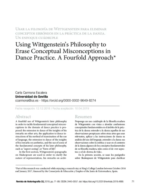 Using Wittgenstein’s philosophy to erase conceptual misconceptions in dance practice. A fourfold approach = Usar la filosofía de Wittgenstein para borrar los conceptos erróneos en la práctica de la danza. Un enfoque cuádruple