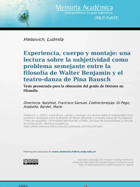 Experiencia, cuerpo y montaje: una lectura sobre la subjetividad como problema semejante entre la filosofía de Walter Benjamin y el teatro-danza de Pina Bausch