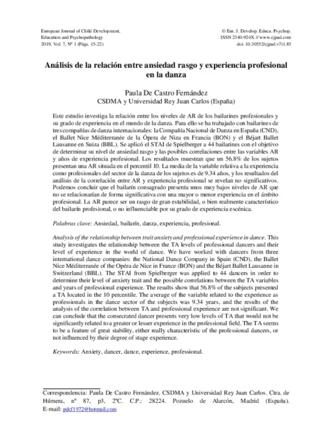 Análisis de la relación entre ansiedad rasgo y experiencia profesional en la danza