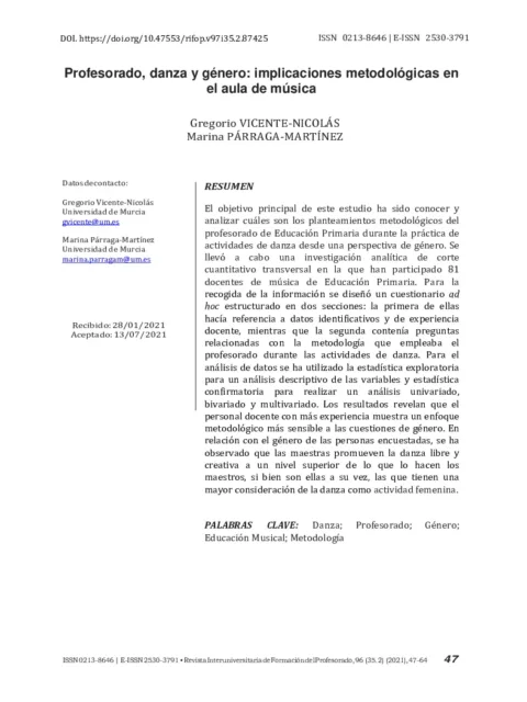 Profesorado, danza y género: implicaciones metodológicas en el aula de música