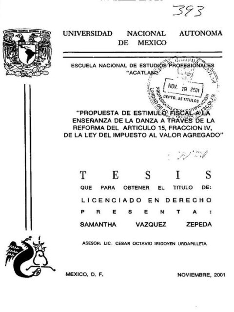 Propuesta de estímulo fiscal a la enseñanza de la danza a través de la reforma del articulo 15, fracción IV, de la Ley del impuesto al valor agregado