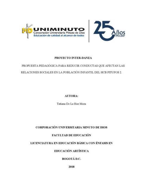 Proyecto Inter-Danza: propuesta pedagógica para reducir conductas que afectan las relaciones sociales en la población infantil del HCB Pitufos 2
