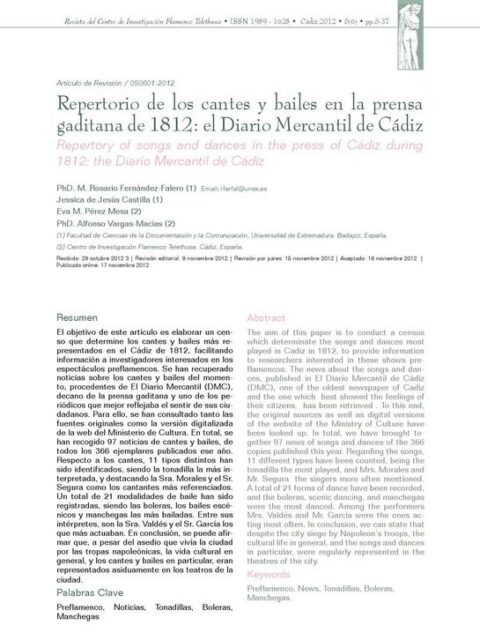 Repertorio de los cantes y bailes en la prensa gaditana de 1812