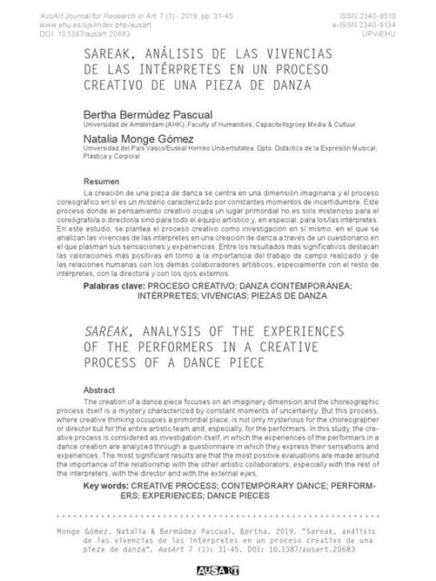 Sareak, análisis de las vivencias de las intérpretes en un proceso creativo de una pieza de danza