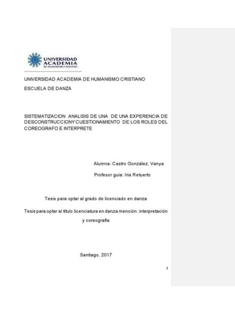 Sistematización, análisis de una de una experiencia de Desconstrucción y cuestionamiento de los roles del coreógrafo e interprete