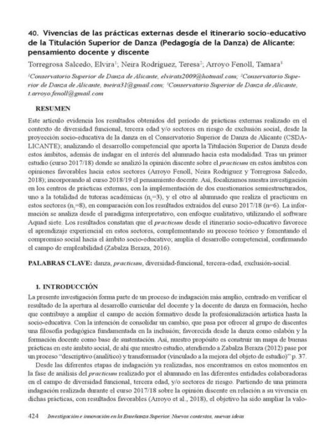 Vivencias de las prácticas externas desde el itinerario socio-educativo de la Titulación Superior de Danza (Pedagogía de la Danza) de Alicante