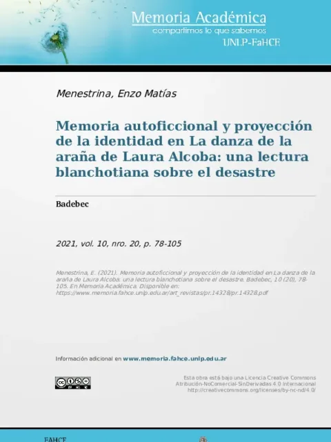 Memoria autoficcional y proyección de la identidad en La danza de la araña de Laura Alcoba: una lectura blanchotiana sobre el desastre