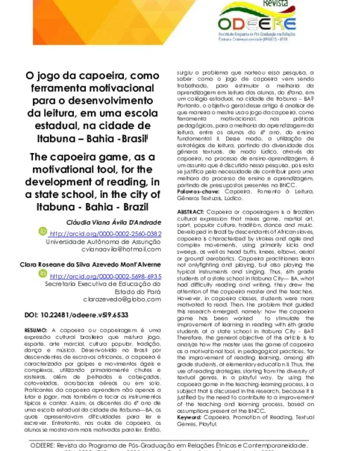 The capoeira game, as a motivational tool, for the development of reading, in a state school, in the city of Itabuna – Bahia – Brazil