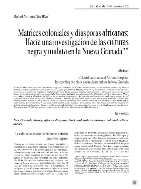Matrices coloniales y diásporas africanas: Hacia una investigación de las culturas negra y mulata en la Nueva Granada