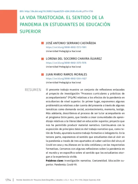 La vida trastocada. El sentido de la pandemia en estudiantes de educación superior