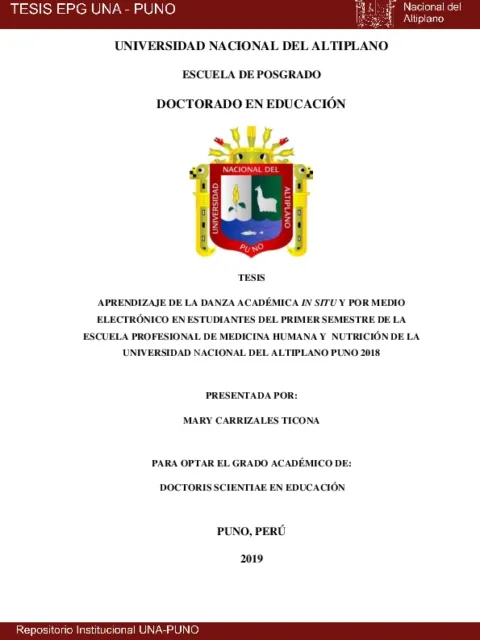 Aprendizaje de la danza académica in situ y por medio electrónico en estudiantes del primer semestre de la Escuela Profesional de Medicina Humana y Nutrición de la Universidad Nacional del Altiplano Puno 2018