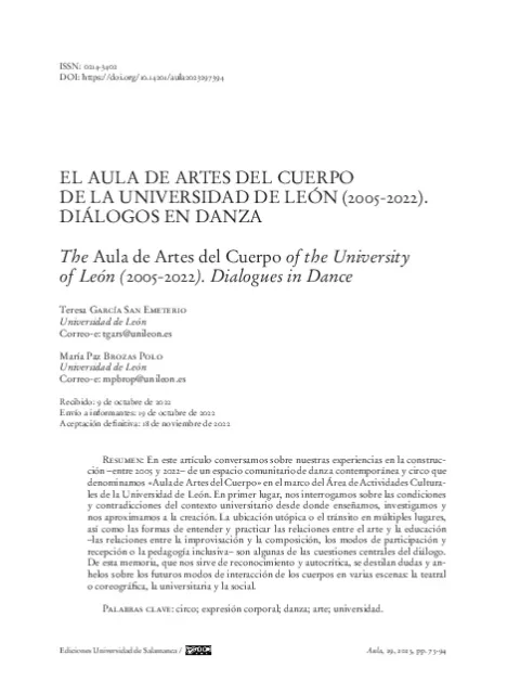 El aula de artes del cuerpo de la Universidad de León (2005-2022) : diálogos en danza